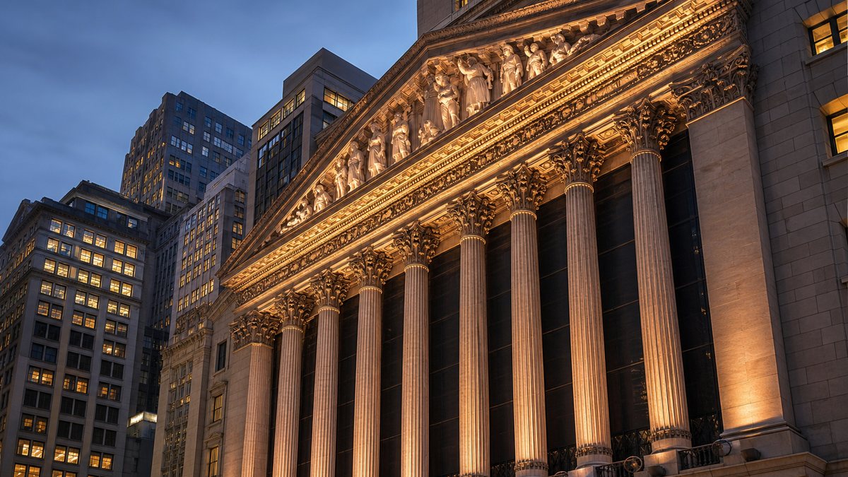 The columned facade of a grand stock exchange building at dusk, illustrating prediction markets entering Canada through securities regulation